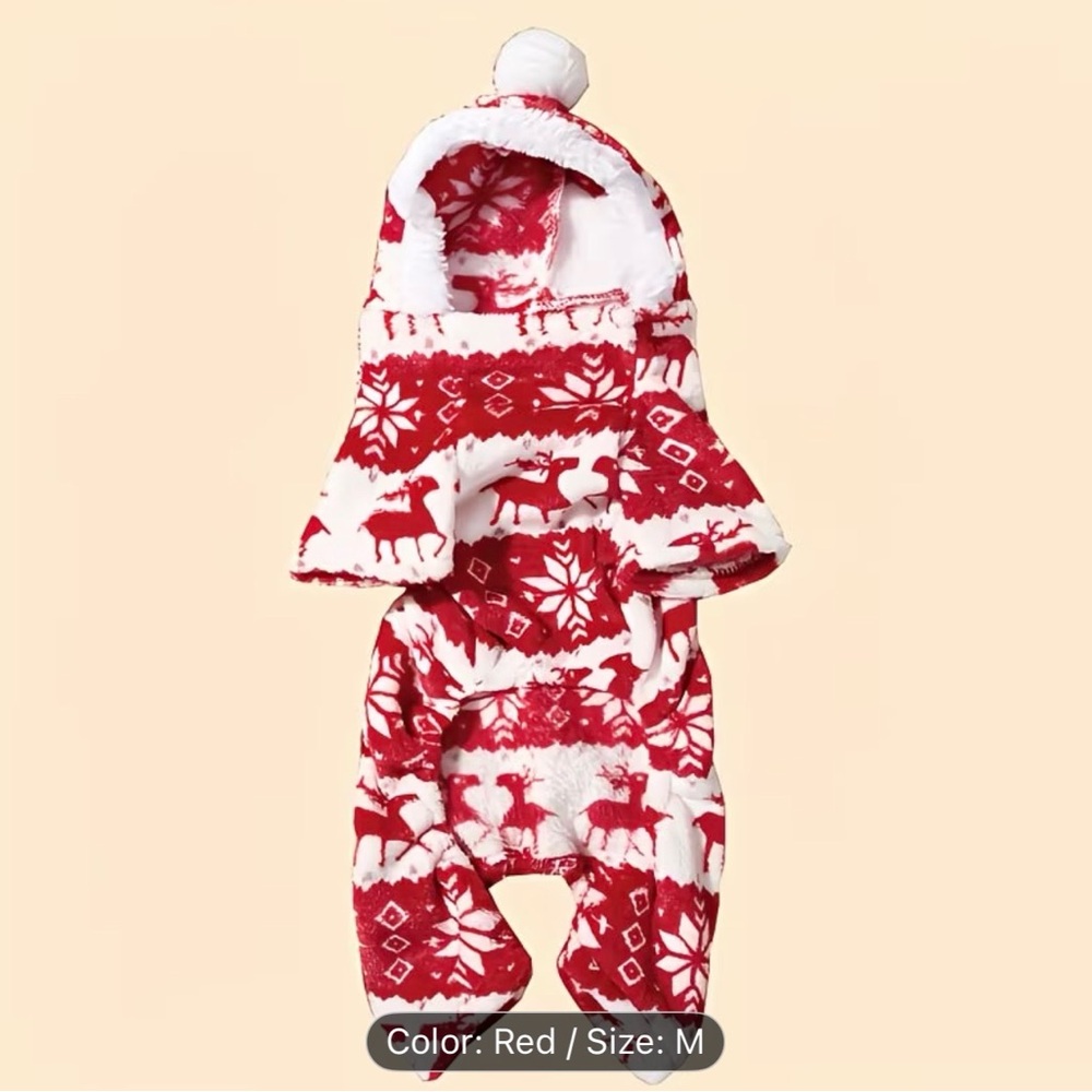 🥳 2 for $15 🥳 Red and White Reindeer Hooded Pet Dog or Cat Romper Pajamas